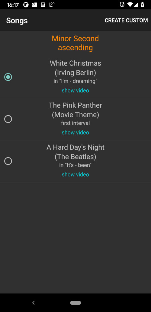 Ear training interval song list customization in MyEarTraining app